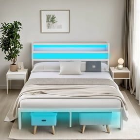 Chuangshuo Guard Full Size Bed Frame with LED Storage Headboard, Noise-Free, Metal Platform Bed, White