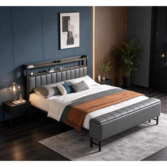 Full Size Bed Frame with Headboard & Star Projector, Metal Upholstered Bed Frame with Charging Station, Heavy Duty Bedframe with Storage Ottoman, Noise-Free, No Box Spring Needed, Grey