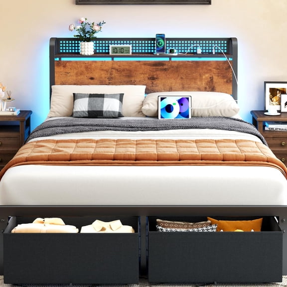 Full Size Bed Frame with Headboard Storage, Platform Bed Frame Full Size with 2 Drawers, Charging Station and LED Lights, No Box Spring Needed, Noise Free, Easy Assembly (800 lbs Capacity)