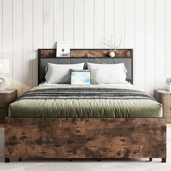 81.18" W Full Size Bed Frame, Storage Headboard with Charging Station and 2 Storage Drawers,Vintage Brown