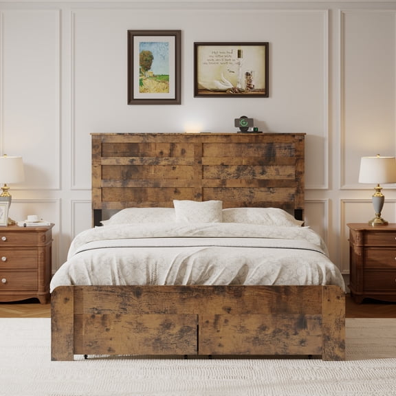Full Size Bed Frame with Headboard and Two Storage Drawers,Vintage Brown Wood Platform Bedframe,Wooden Shelf Head Board with Two USB Ports,Metal Slats Support,Easy Assembly,Dark Brown
