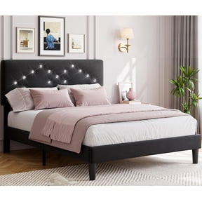 Full Size Bed Frame with Headboard, Upholstered Platform Bed Frames Full Size with Crystal Diamond Tufted Easy Assembly, Wooden Slats Support, No Box Spring Needed, Black