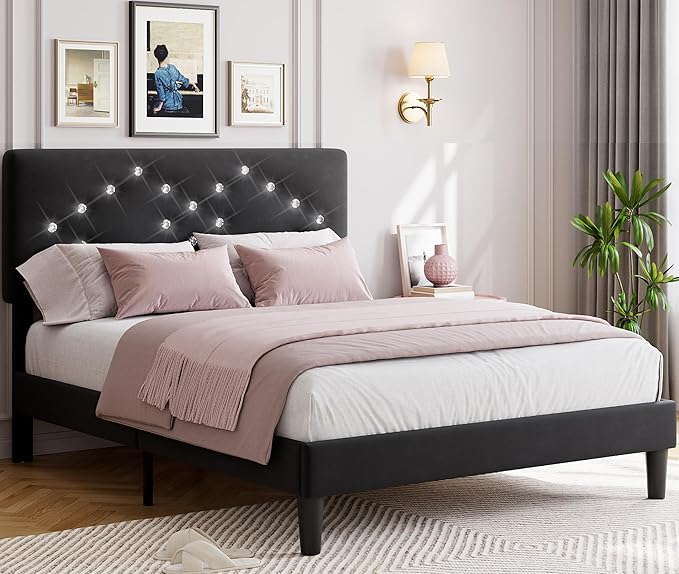 Full Size Bed Frame with Headboard, Upholstered Platform Bed Frames Full Size with Crystal Diamond Tufted for Teen Easy Assembly, Wooden Slats Support, No Box Spring Needed, Black