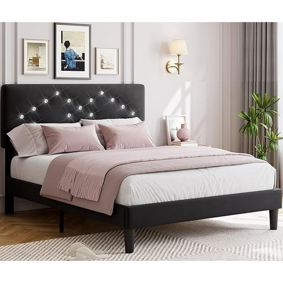 Full Size Bed Frame with Headboard, Upholstered Platform Bed Frames Full Size with Crystal Diamond Tufted for Teen Easy Assembly, Wooden Slats Support, No Box Spring Needed, Black