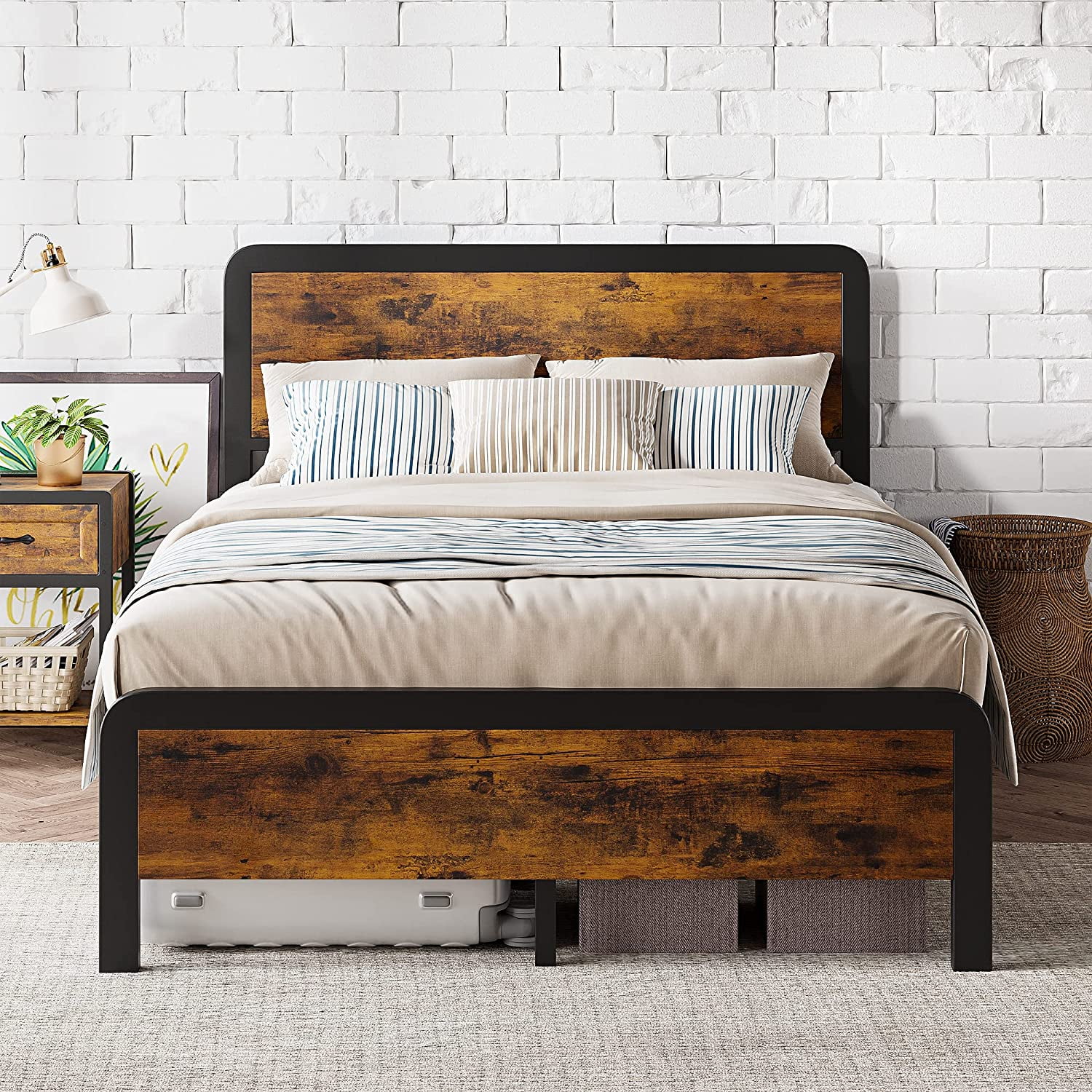 Full Size Bed Frame with Headboard Wood, Rustic Farmhouse Metal Bed ...