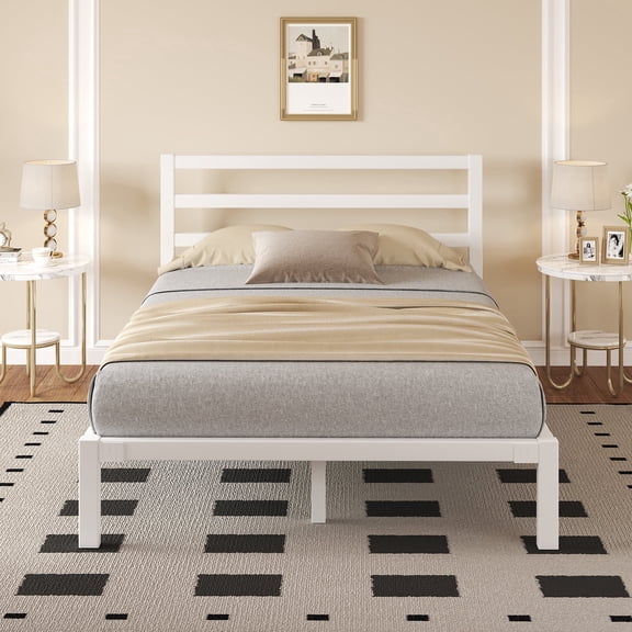 Full Size Metal Bed Frame, Heavy Duty Platform Bed Frame with Headboard, Under Bed Storage, Strong Metal Slats Support, White