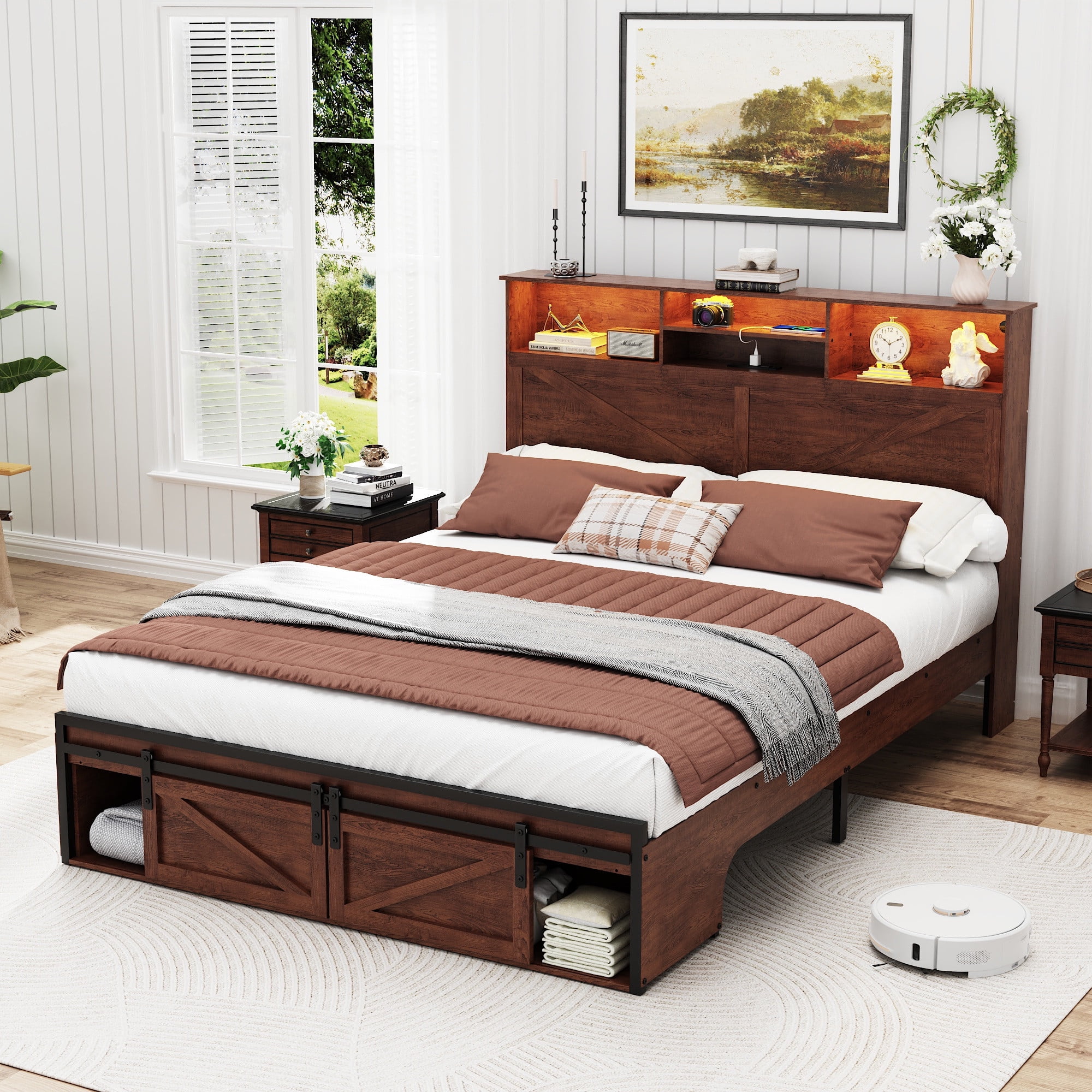 Full Size Bed Frame, Holaki Farmhouse Full Bed Frame with Storage Headboard, Charging Station & LED Lights, 2 Storage Drawers, No Box Spring Needed, Noise Free, Easy Assembly, Dark Brown