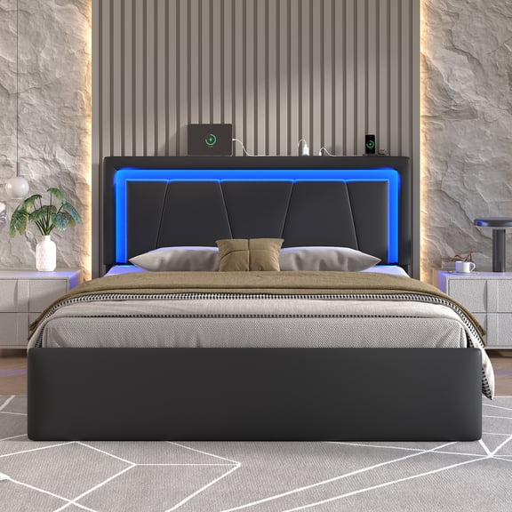 E-ser Full Size Lift Up Storage Bed Frame with LED Lights & Charging Station, PU Upholstered Platform Bed, Black