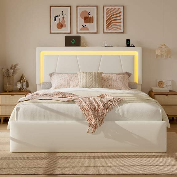Full Size Bed Frame with Hydraulic Lift Up Storage, Charging Station & LED Lights, PU Upholstered Platform Bed with Heavy Duty Slats, No Box Spring Needed, White