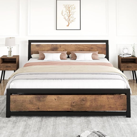 Full Size Bed Frame, Industrial Full Bed Platform with Headboard, Easy Assemble Mattress Bedframe in Retro Brown, No Box Spring Needed