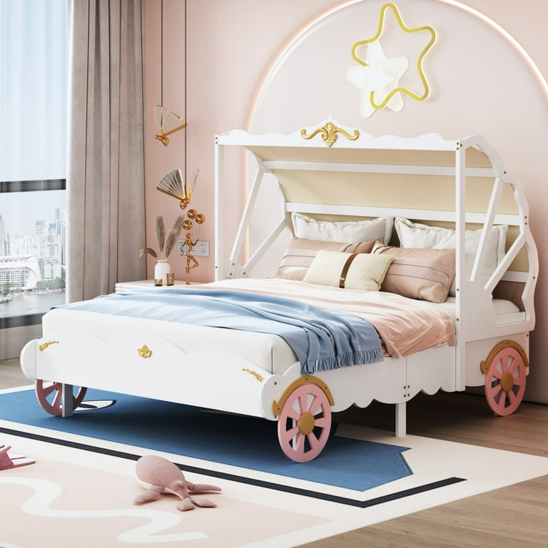 Full Size Bed Frame for Kids Car Shaped Bed with Canopy Headboard and Decorative Wheels Princess Bed for Boys Girls 550LBS Weight Capacity White Pink Walmart