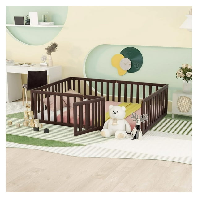 Full Size Bed Frame for Kids, Wood Kids Bed with Fence, Montessori