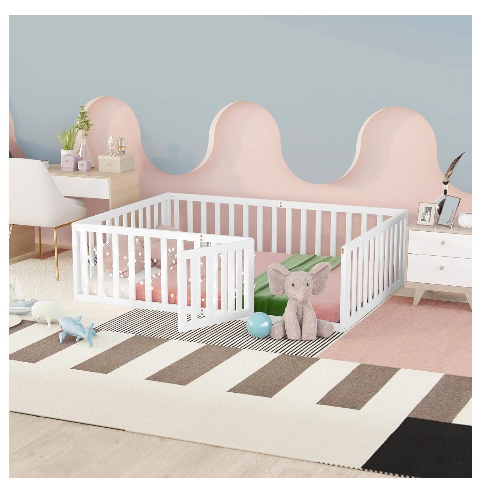 Full Size Bed Frame for Kids, Wood Kids Bed with Fence, Montessori