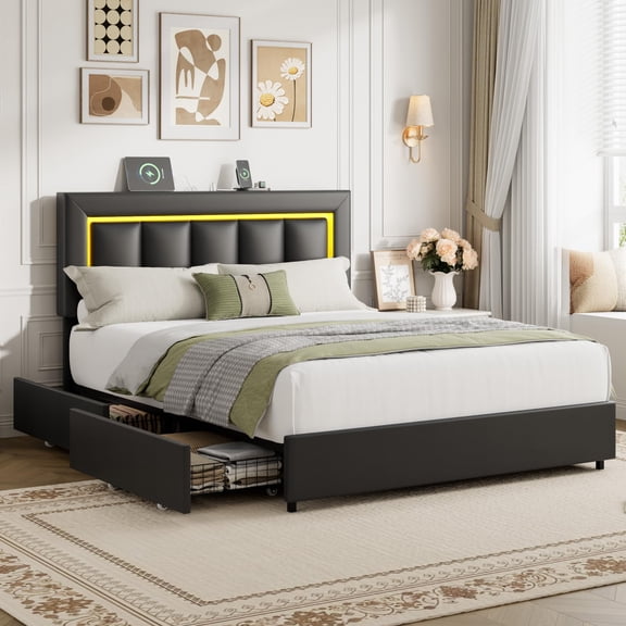 Full Size Bed Frame with LED Headboard&USB Charging Ports,PU Leather Upholstered Platform Bed with 4 Drawers,Noise-Free, No Box Spring Needed, Easy Assembly