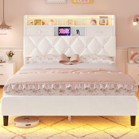 Full Size Bed Frame with LED Light and Charging Station and Storage Headboard,2 Drawers & Storage Shelves, Velvet Upholstered Platform Bed Frame,Beige