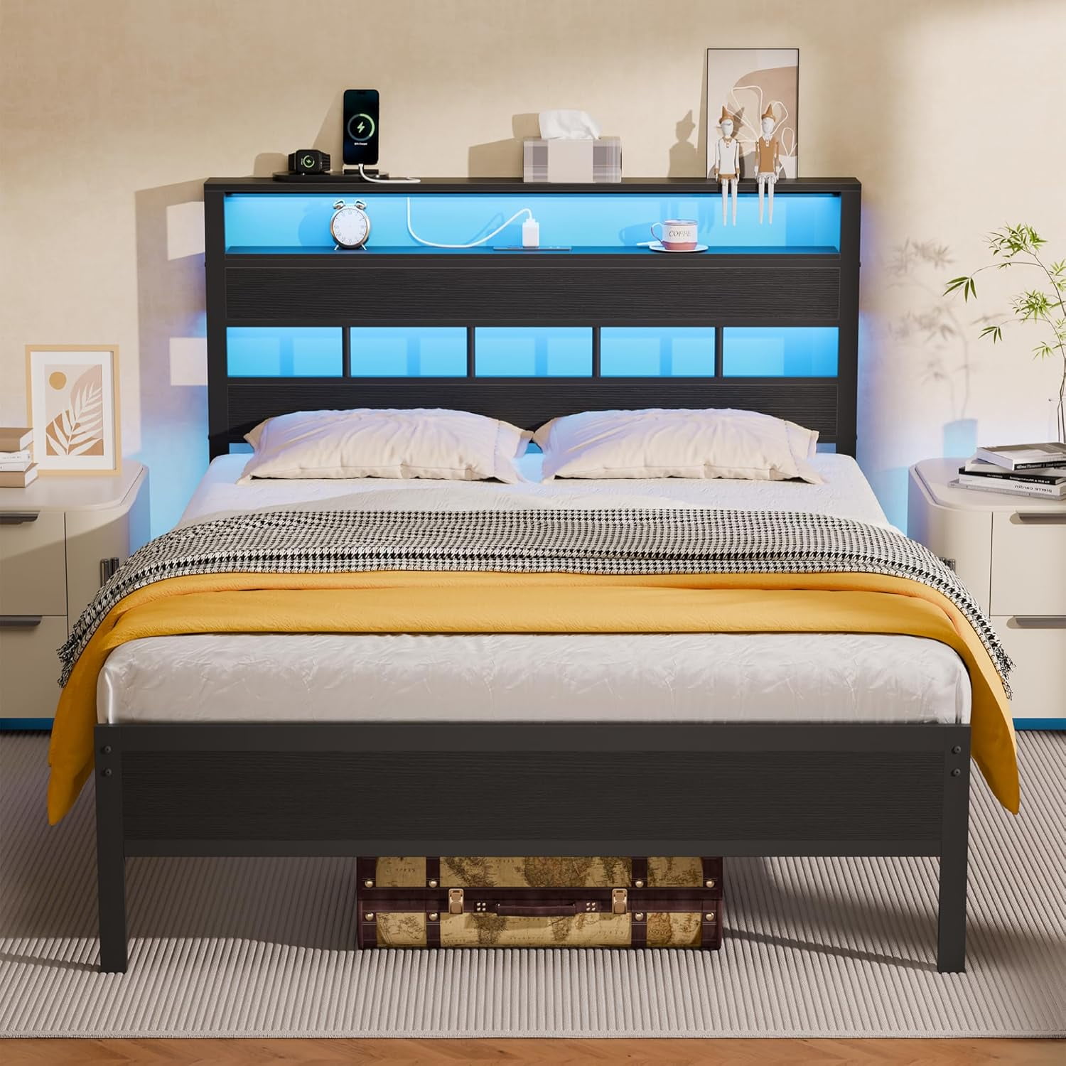 Full Size Bed Frame with LED Light and Charging Station, Wood Storage ...
