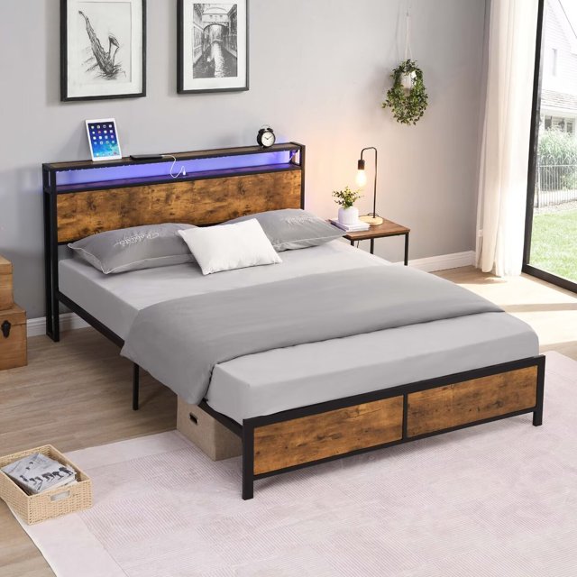 Full Size Industrial Metal Bed Frame with LED Lights, USB Ports, Wood Headboard, Under Bed