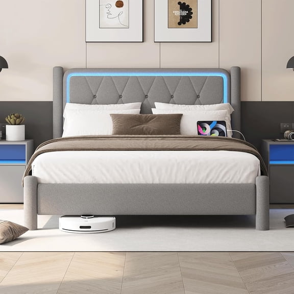 Full Size Bed Frame with LED Lights and Charging Station, Fabric Upholstered Platform with Headboard, Upholstered Teddy Fabric with Charging Station, No Box Spring Required, Easy Assembly, Gray