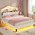 thumbnail image 1 of Full Size Bed Frame with LED Lights and Charging Station for Girls, Princess Bed Velvet Platform Bed with LED Lights,House-Shaped Storage Headboard,Solid Wooden Slats,Beige, 1 of 8