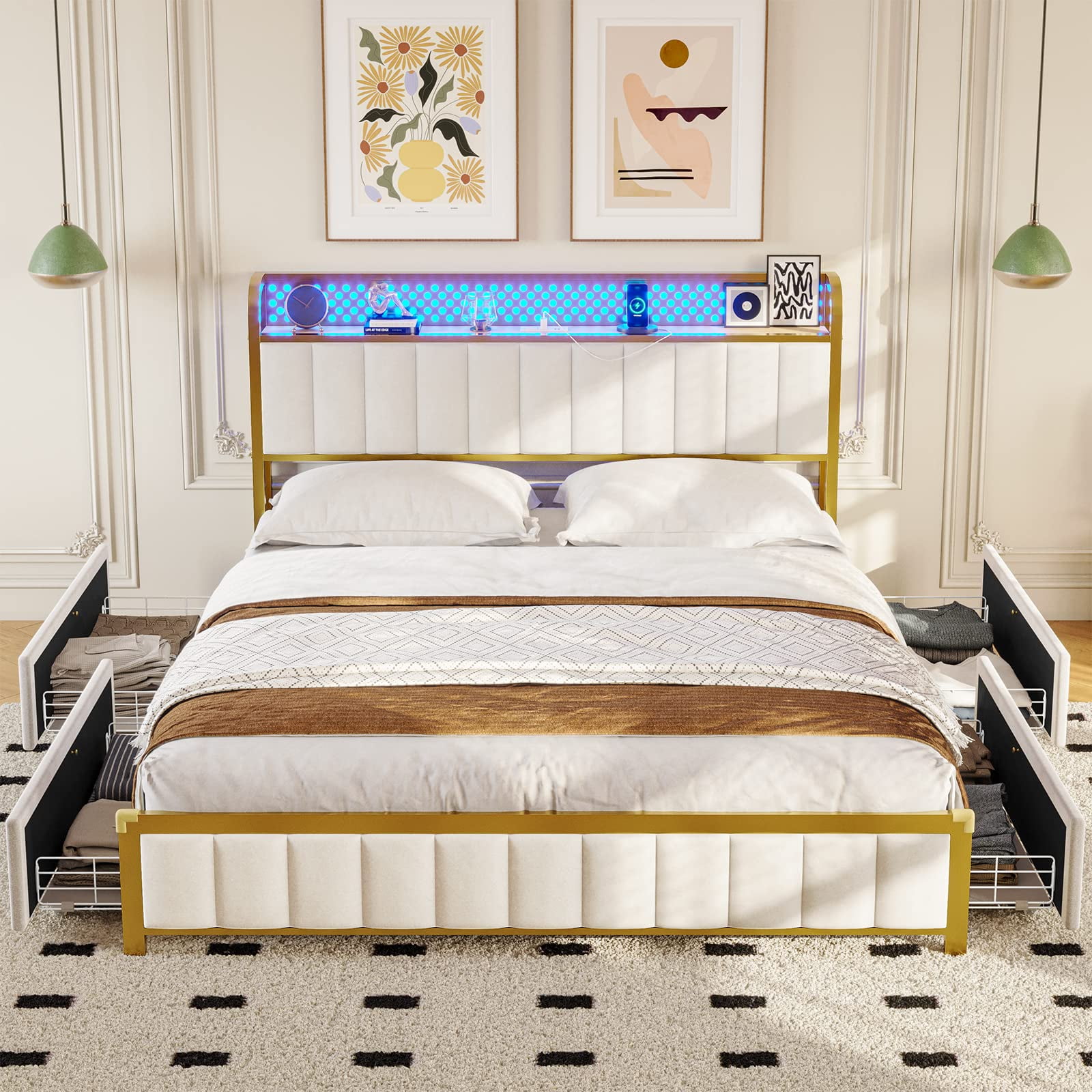 Full Size Bed Frame with LED Lights and Charging Station, Platform Bed