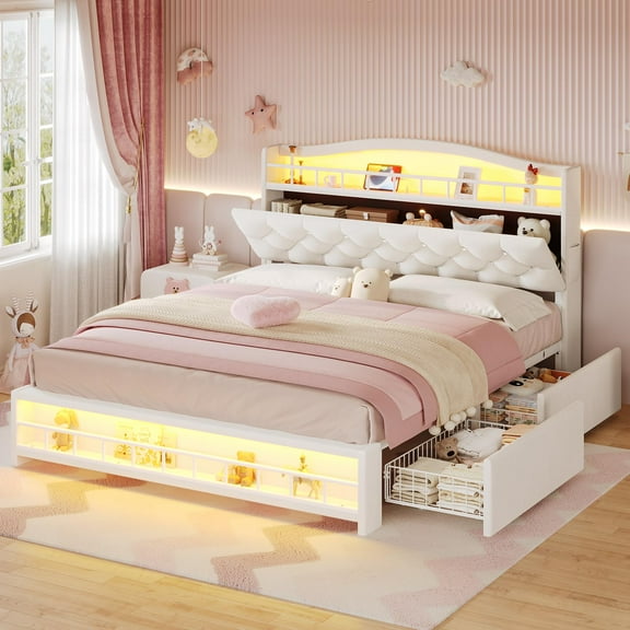 Full Size Bed Frame with LED Lights Headboard,4 Drawers,Charging Station,Guardrail,Crystal Button,Princess Velvet Upholstered Platform Bed for Girls,No Box Spring Needed, Beige