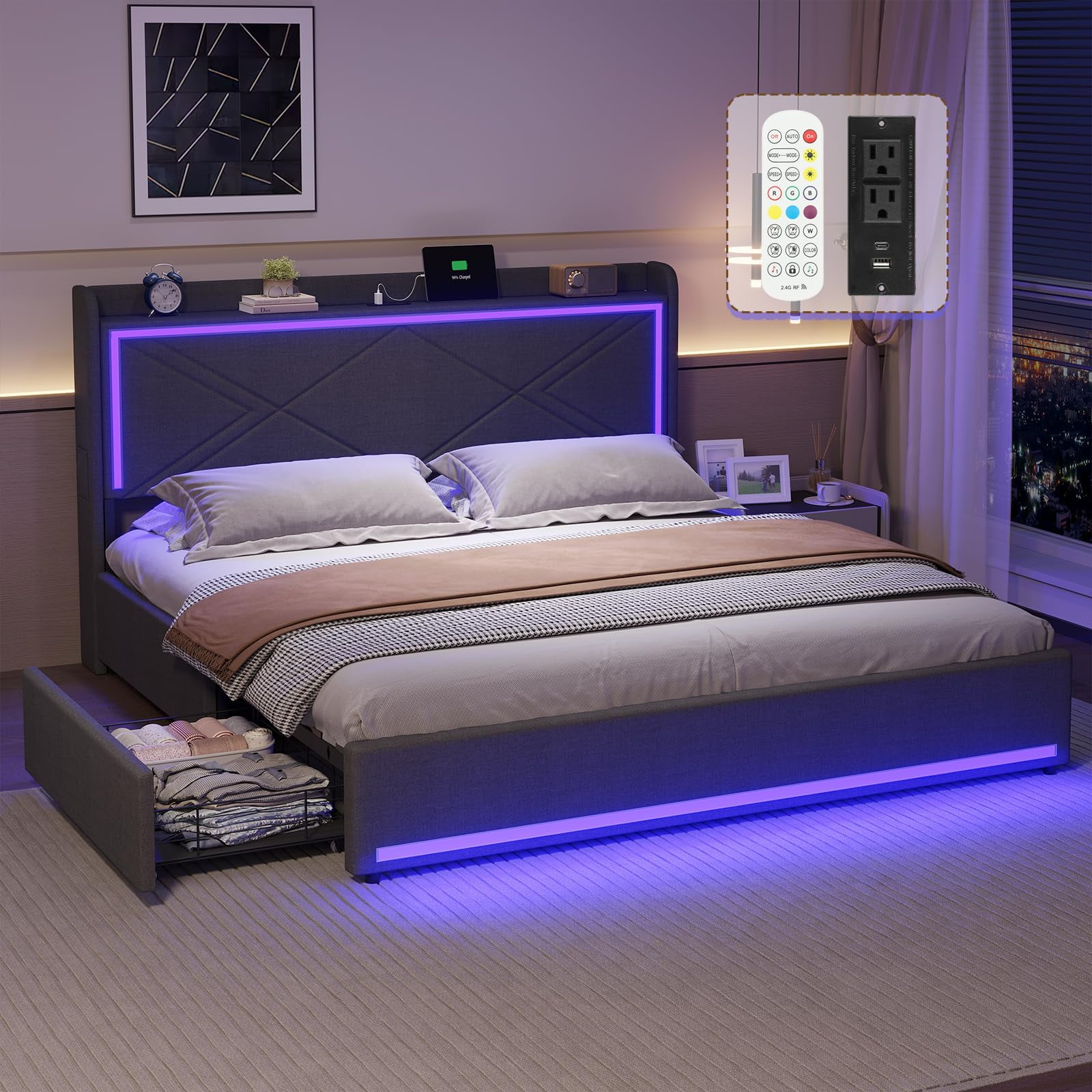 Full Size Bed Frame with LED Lights Headboard & USBC/A Charging