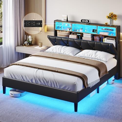 Full Size Bed Frame with LED Lights and Storage Headboard, LED Bed ...