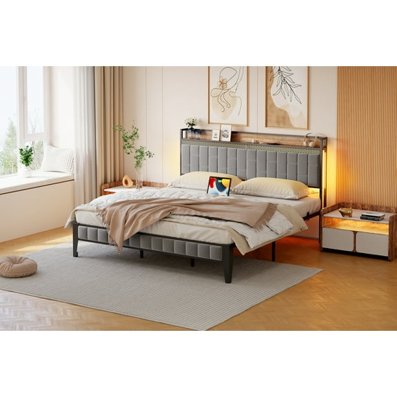 Full Size Bed Frame, LED Upholstered Platform Bed Frame with Charging Station, Storage Headboard, Strong Metal Slats Support, Noise Free, No Box Spring Needed, Easy Assembly