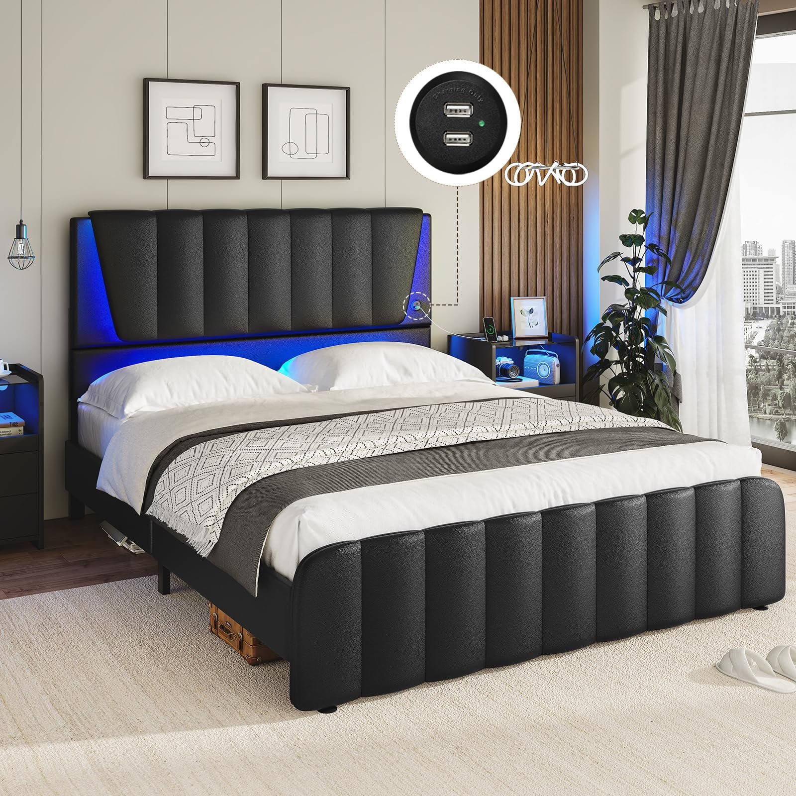 Full Size Bed Frame with Led Lights Headboard,Full Platform Bed Frame ...