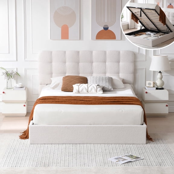 Full Size Bed Frame with Lift Up Storage, Boucle Upholstered Platform Bed with Grid Tufted Headboard, No Box Spring Needed, Hydraulic Storage, Cream White
