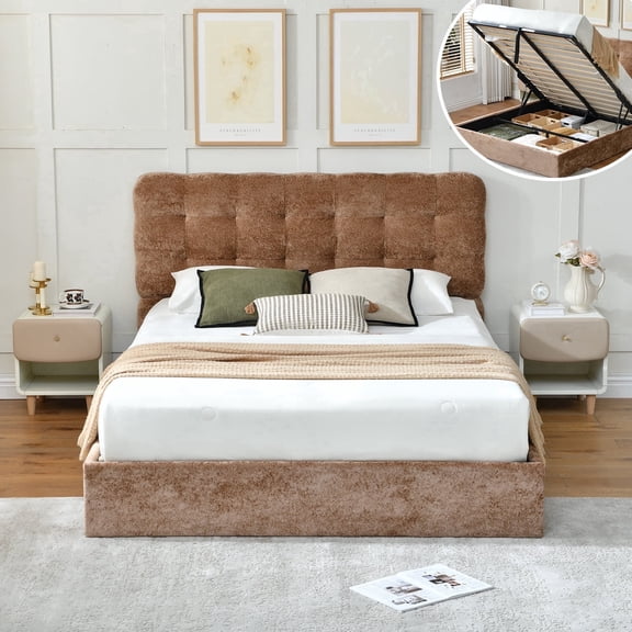 Full Size Bed Frame with Lift Up Storage, Teddy Upholstered Platform Bed with Grid Tufted Headboard, No Box Spring Needed, Hydraulic Storage, Camel Brown