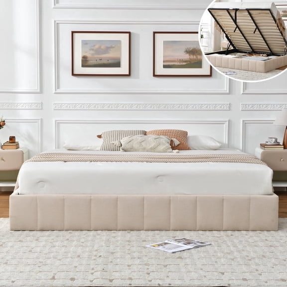 Full Size Bed Frame with Lift Up Storage, Upholstered Platform Bed with Hydraulic Storage, No Headboard Low Profile Design, No Box Spring Needed, Beige