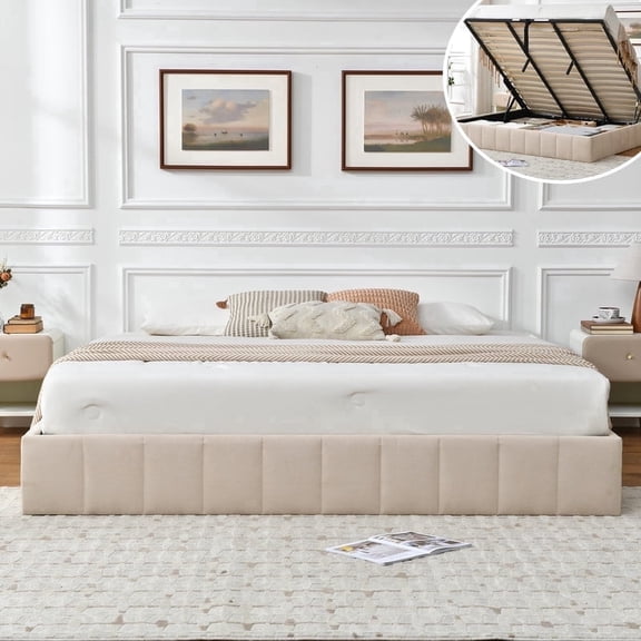 VELOCAVA Full Size Bed Frame with Lift Up Storage, Upholstered Platform Bed with Hydraulic Storage, No Headboard Low Profile Design, No Box Spring Needed, Beige
