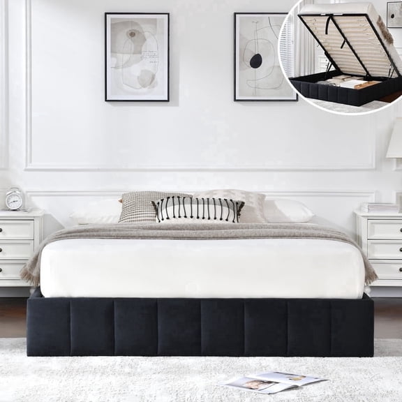 VELOCAVA Full Size Bed Frame with Lift Up Storage, Upholstered Platform Bed with Hydraulic Storage, No Headboard Low Profile Design, No Box Spring Needed, Black