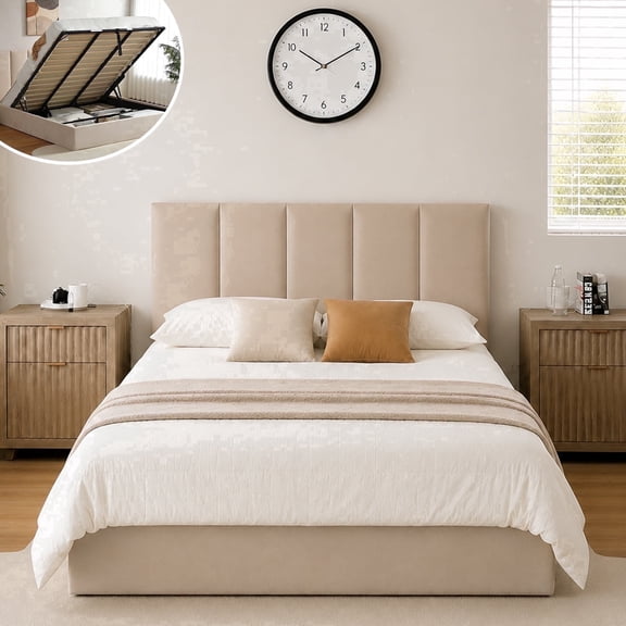 VELOCAVA Full Size Bed Frame with Lift up Storage, Upholstered Platform Bed with Vertical Channel Headboard, Hydraulic Storage, Beige Linen