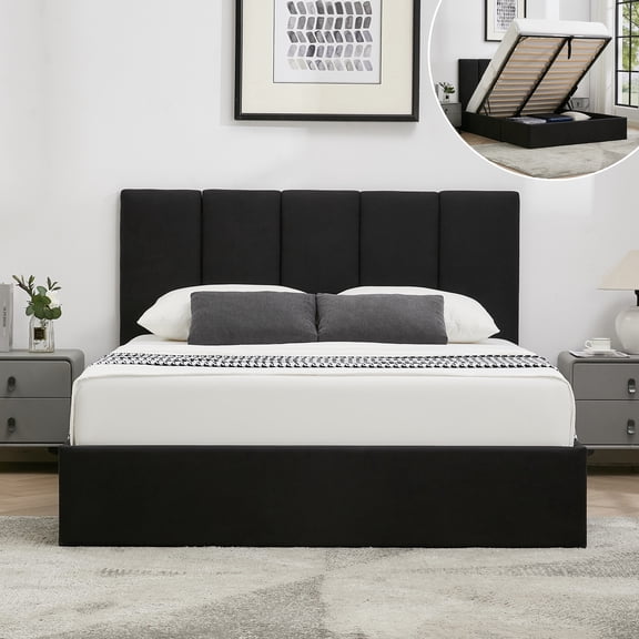 VELOCAVA Full Size Bed Frame with Lift up Storage, Upholstered Platform Bed with Vertical Channel Headboard, Hydraulic Storage, Black Linen