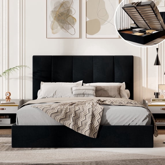 Full Size Bed Frame with Lift Up Storage, Upholstered Platform Bed with Vertical Channel Headboard, No Box Spring Needed, Hydraulic Storage, Black Linen