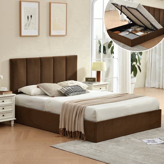 VELOCAVA Full Size Bed Frame with Lift Up Storage, Upholstered Platform Bed with Vertical Channel Headboard, Hydraulic Storage, Brown Velvet