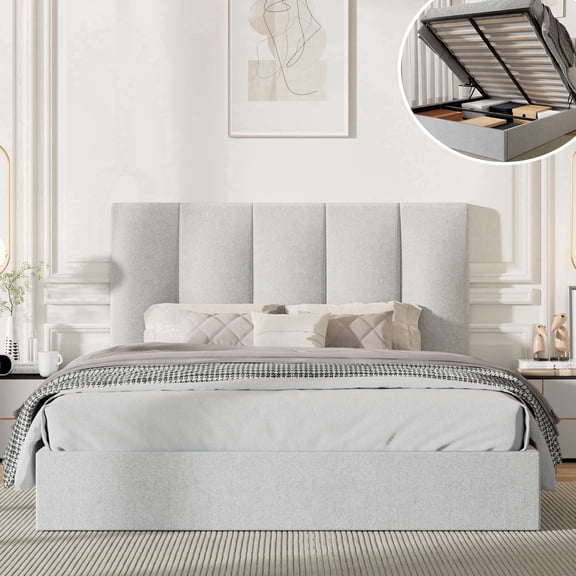 Full Size Bed Frame with Lift Up Storage, Upholstered Platform Bed with Vertical Channel Headboard, No Box Spring Needed, Hydraulic Storage, Light Grey Linen