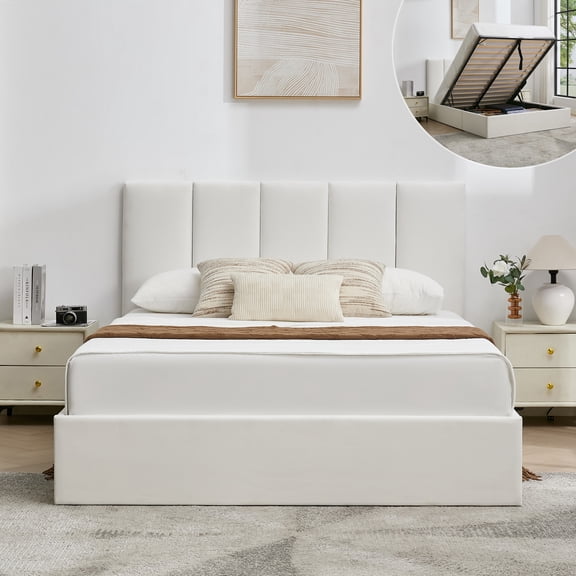 VELOCAVA Full Size Bed Frame with Lift Up Storage, Upholstered Platform Bed with Vertical Channel Headboard, Hydraulic Storage, White Linen
