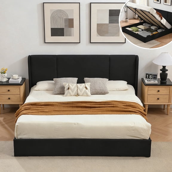 VELOCAVA Full Size Bed Frame with Lift Up Storage, Velvet-Look Upholstered Wingback Platform Bed with Vertical Channel Headboard, No Box Spring Needed, Hydraulic Storage, Black