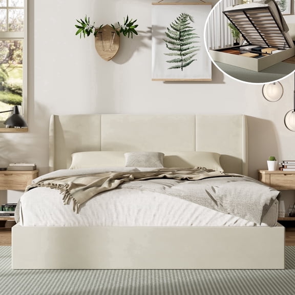 Full Size Bed Frame with Lift Up Storage, Velvet-Look Upholstered Wingback Platform Bed with Vertical Channel Headboard, No Box Spring Needed, Hydraulic Storage, White