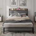 thumbnail image 1 of Full Size Bed Frame with Linen Upholstered Headboard, Metal Platform Bed Frame with Charging Station, No Box Spring Needed, Under Bed Storage, Easy Assembly, 1 of 9