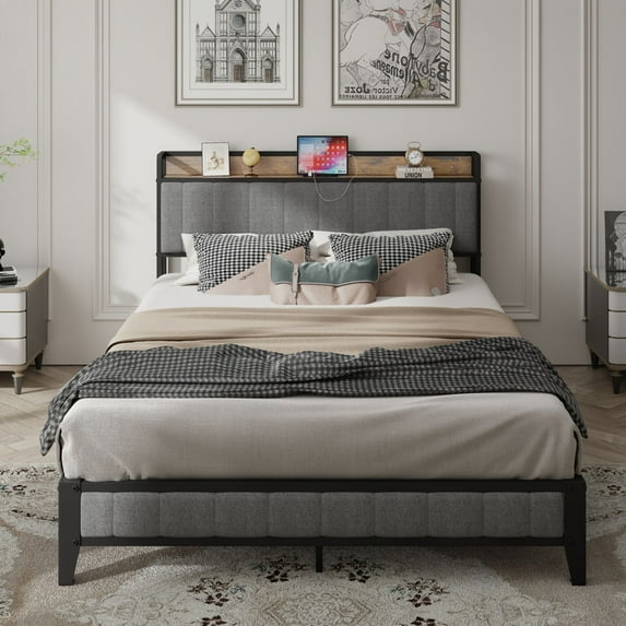 Full Size Bed Frame with Linen Upholstered Headboard, Metal Platform Bed Frame with Charging Station, No Box Spring Needed, Under Bed Storage, Easy Assembly