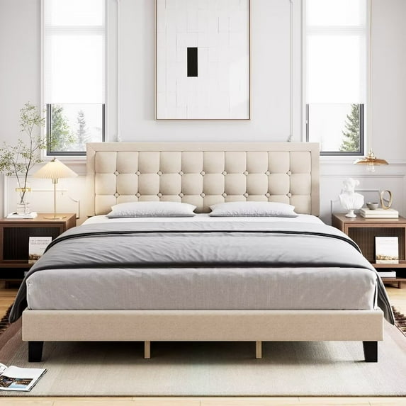 Full Size Bed Frame, Linen Upholstered Platform Bed Frame with Button Headboard, Beige
