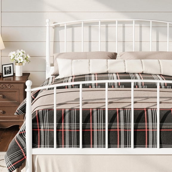Full Size Bed Frame, Metal Platform Bed Frame with Arched Headboard & Footboard, Mid-Century Modern Style, Under Bed Storage, No Box Spring Needed, Easy Assembly, White