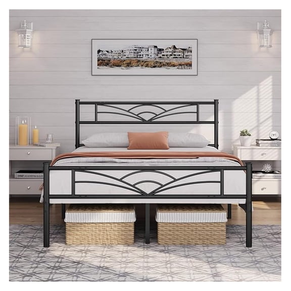 Full Size Bed Frame, Metal Platform Bed Frame with Cloud-Inspired Design Headboard, No Box Spring Needed, Sturdy Steel Slats, Under Bed Storage, Black