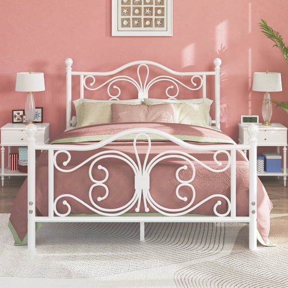Full Size Metal Platform Bed Frame With Butterfly Design Headboard And Footboard, No Box Spring Needed, Easy Assembly, White