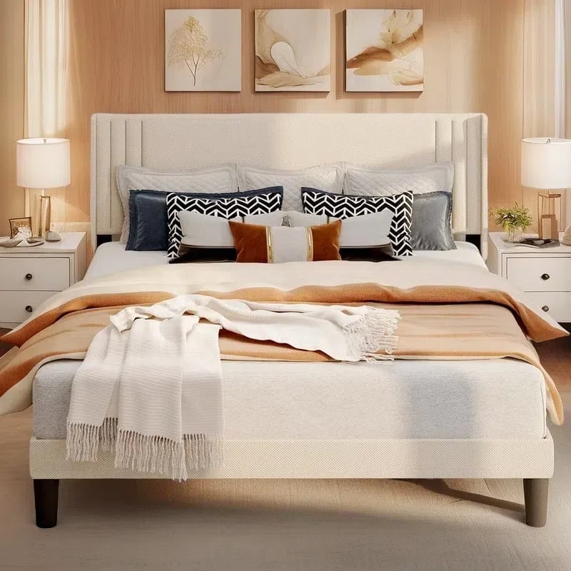 Full Size Bed Frame, Metal Platform Bed Frame with Wingback Headboard Hold 850 lbs, Beige