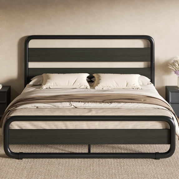 Full Size Bed Frame Metal Wood Headboard Footboard, Oval Heavy Duty Platform 10" Underbed Storage Space, Noise Free Support No Need Box Spring, Black